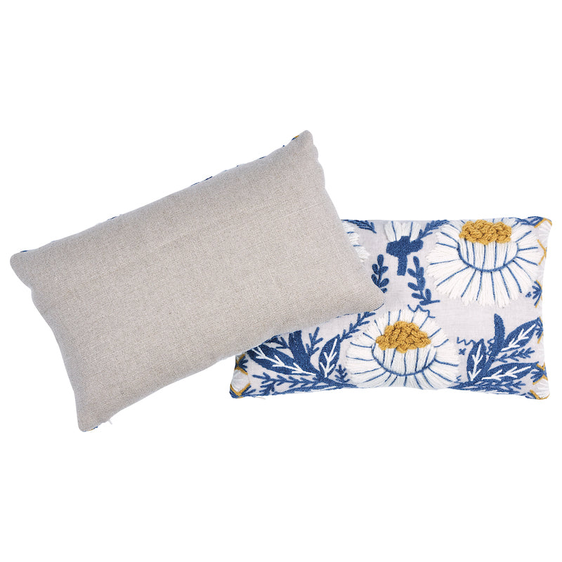 Marguerite Embroidery Pillow B | Blue & Ochre