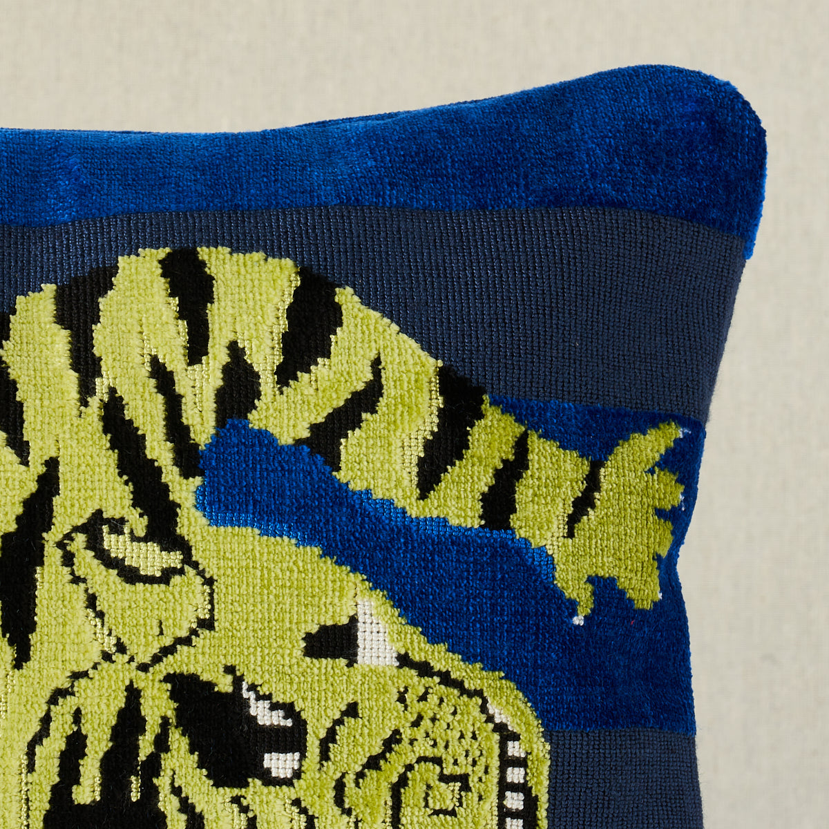 Jokhang Tiger Velvet Pillow | Blue