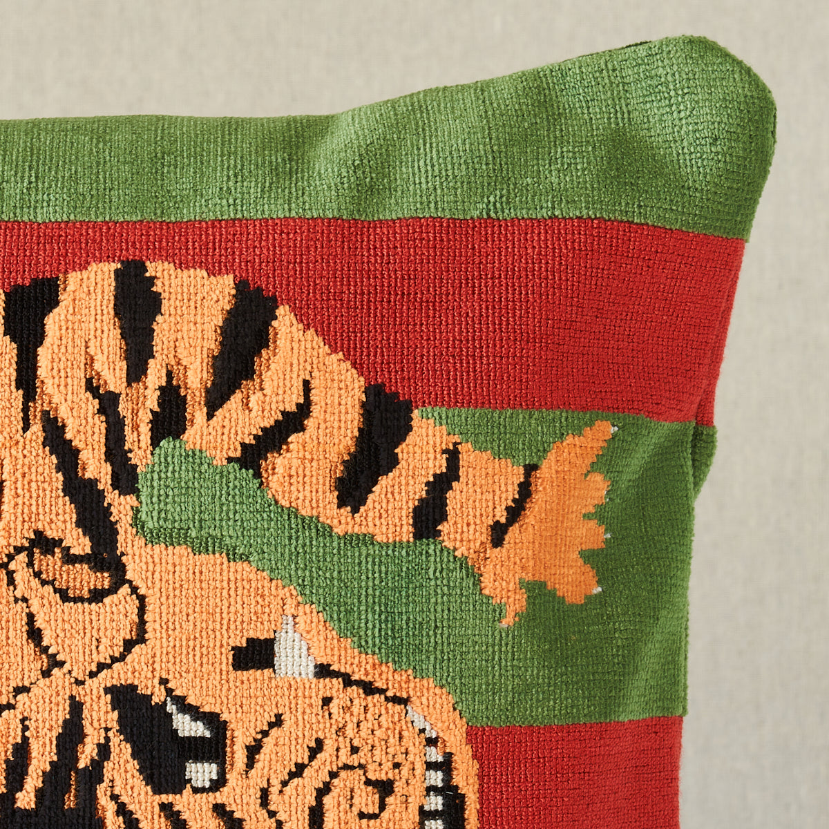 Jokhang Tiger Velvet Pillow | Red & Green