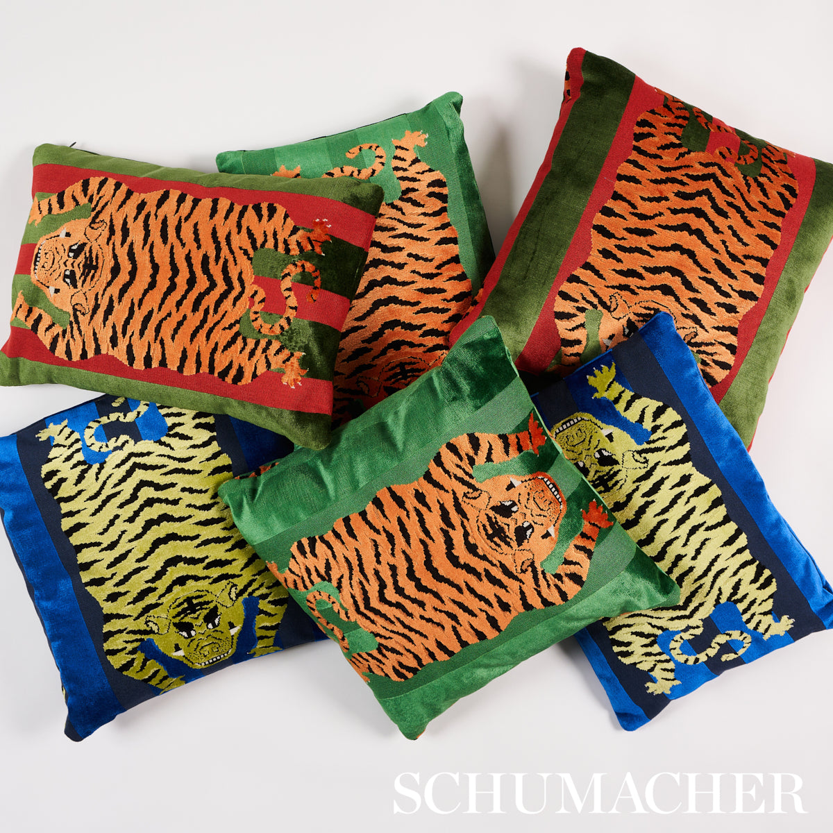 Jokhang Tiger Velvet Pillow | Red & Green